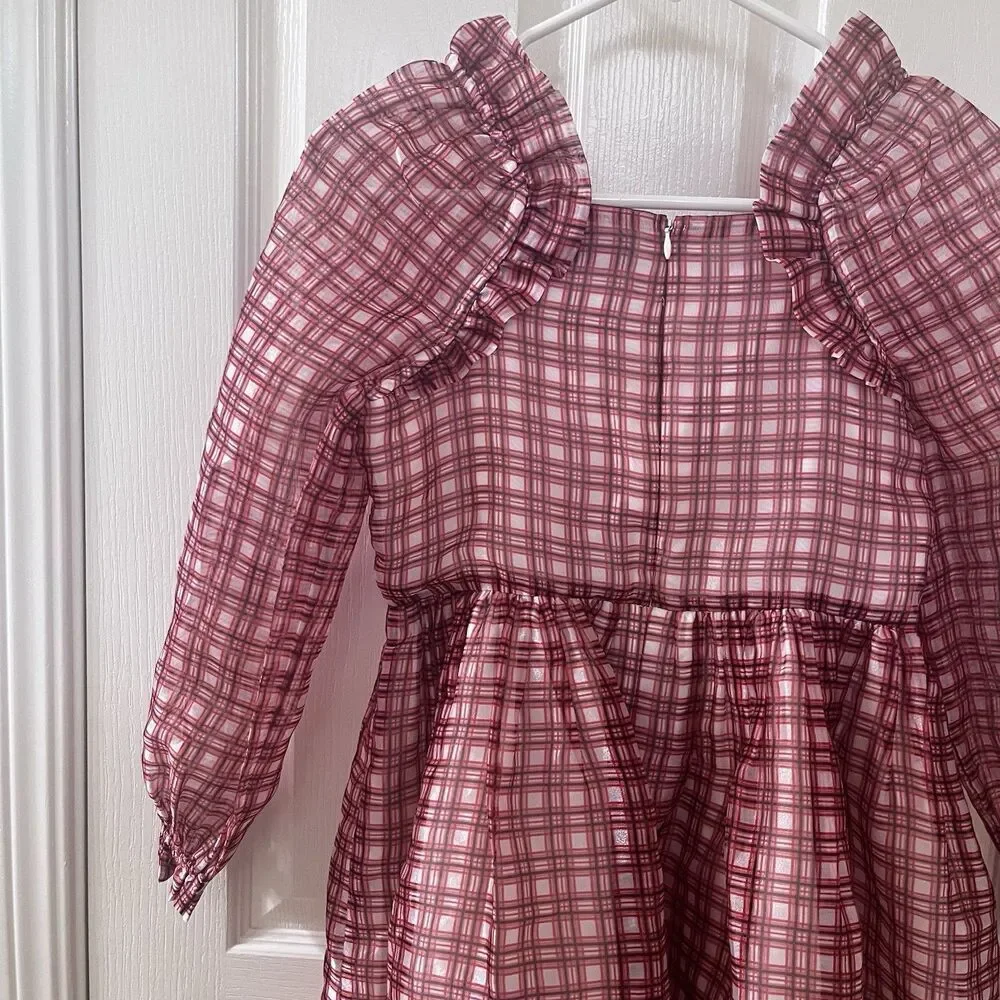 Crewcuts J.Crew Girl's Fairy-Tale Dress in Organza Plaid Ivory Vibrant Flame 12